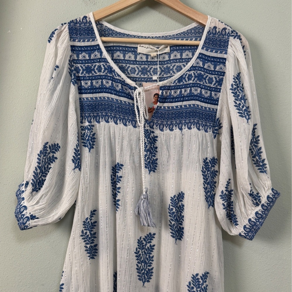 Daughters of India Mishka‎ Dress Blue White Boho Metallic Lurex Mini Size L NEW - Picture 4 of 12
